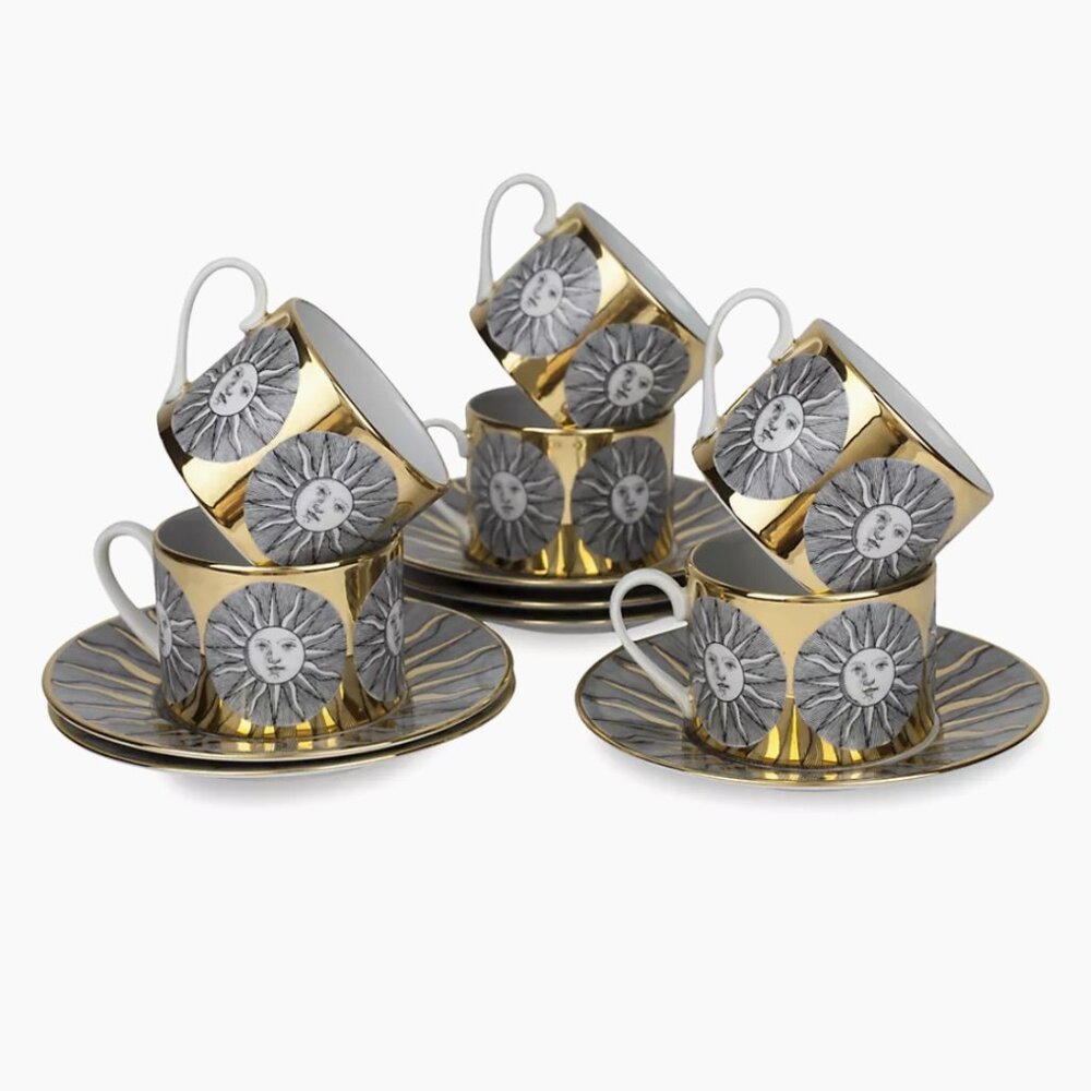 RARE COLLECTOR FORNASETTI PORCELAIN SET 6 GOLD SUN TEA COFFEE CUP & 6 SAUCERS